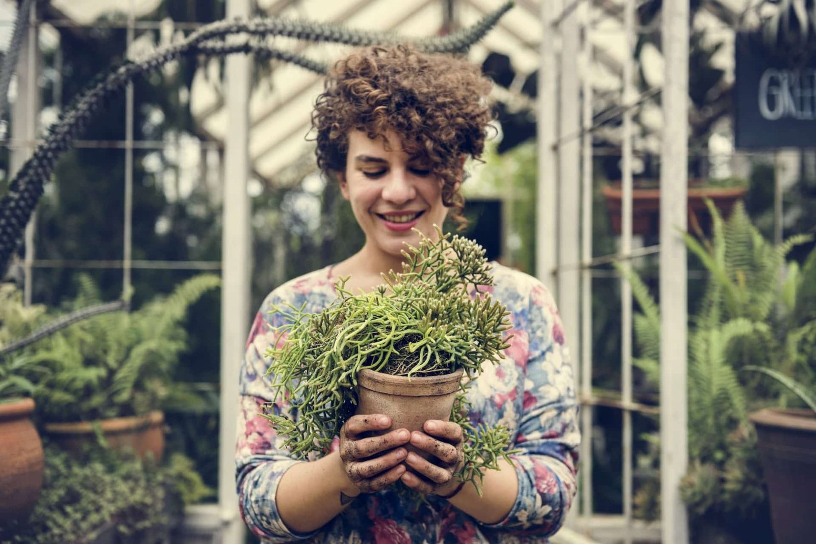 woman holding a pot of plants